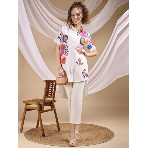 Womanista Women's Cotton Blend Floral Regular Set (Co-Ords_9205_White