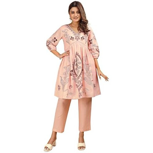 Womanista Women's Cotton Blend Paisley Regular Set (Co-Ords_9238_Peach_2Xl)