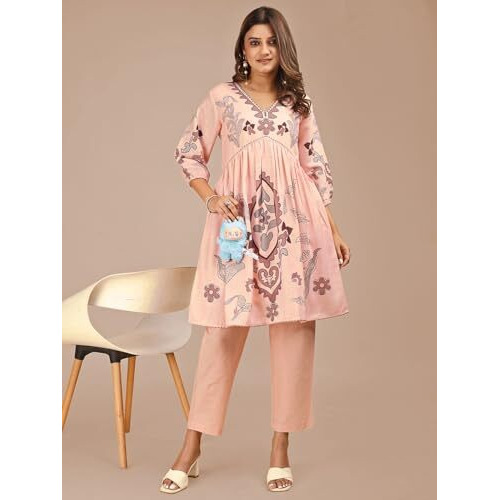 Womanista Women's Cotton Blend Paisley Regular Set (Co-Ords_9238_Peach_2Xl)