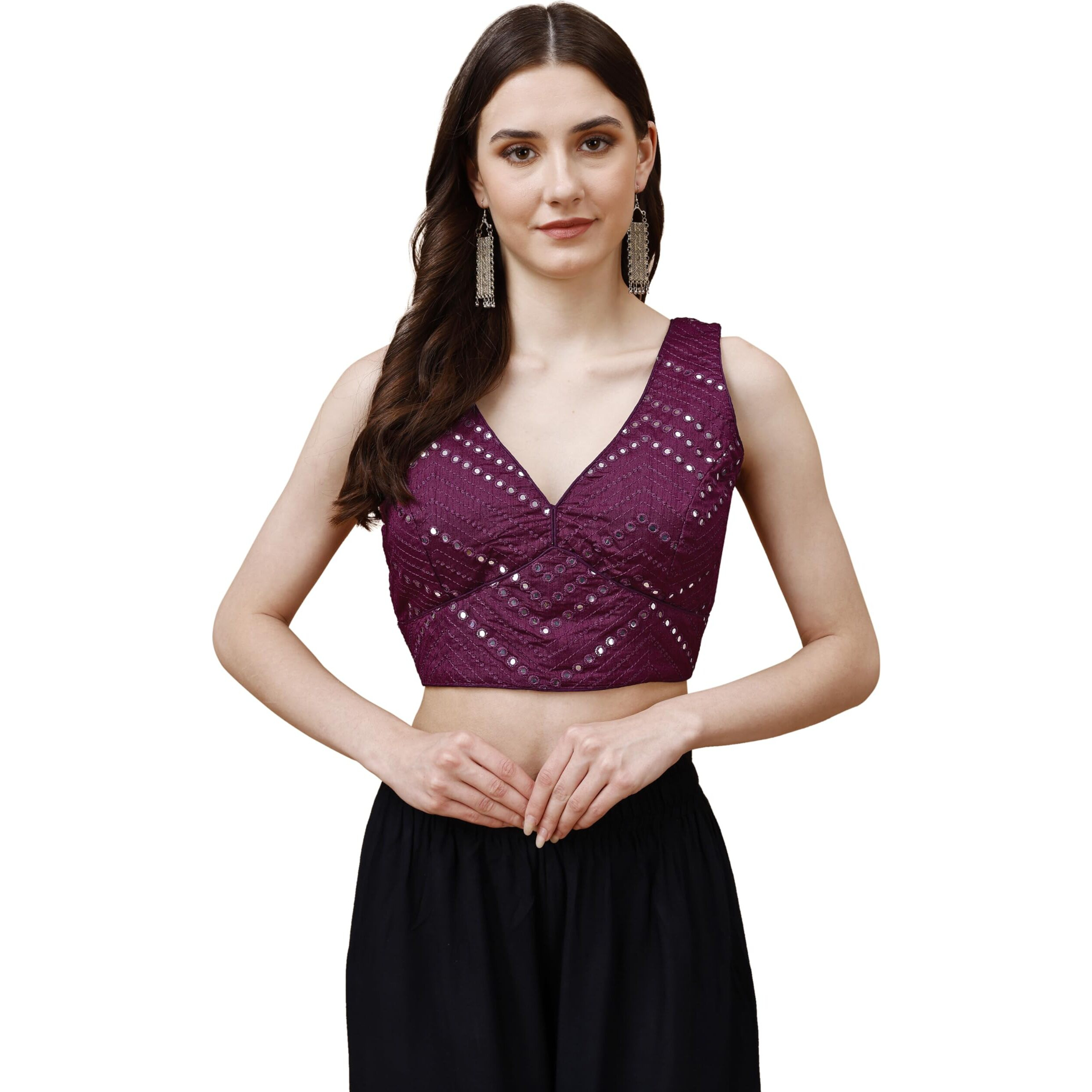 Womanista Silk Women's Dupion Embroidered Sleeveless Regular Fit Blouse (Bl_10A_Maroon Xl)
