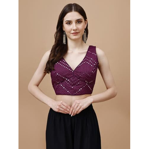 Womanista Silk Women's Dupion Embroidered Sleeveless Regular Fit Blouse (Bl_10A_Maroon Xl)