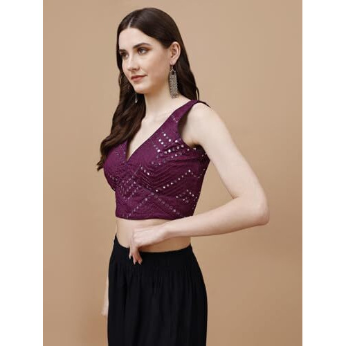 Womanista Silk Women's Dupion Embroidered Sleeveless Regular Fit Blouse (Bl_10A_Maroon Xl)