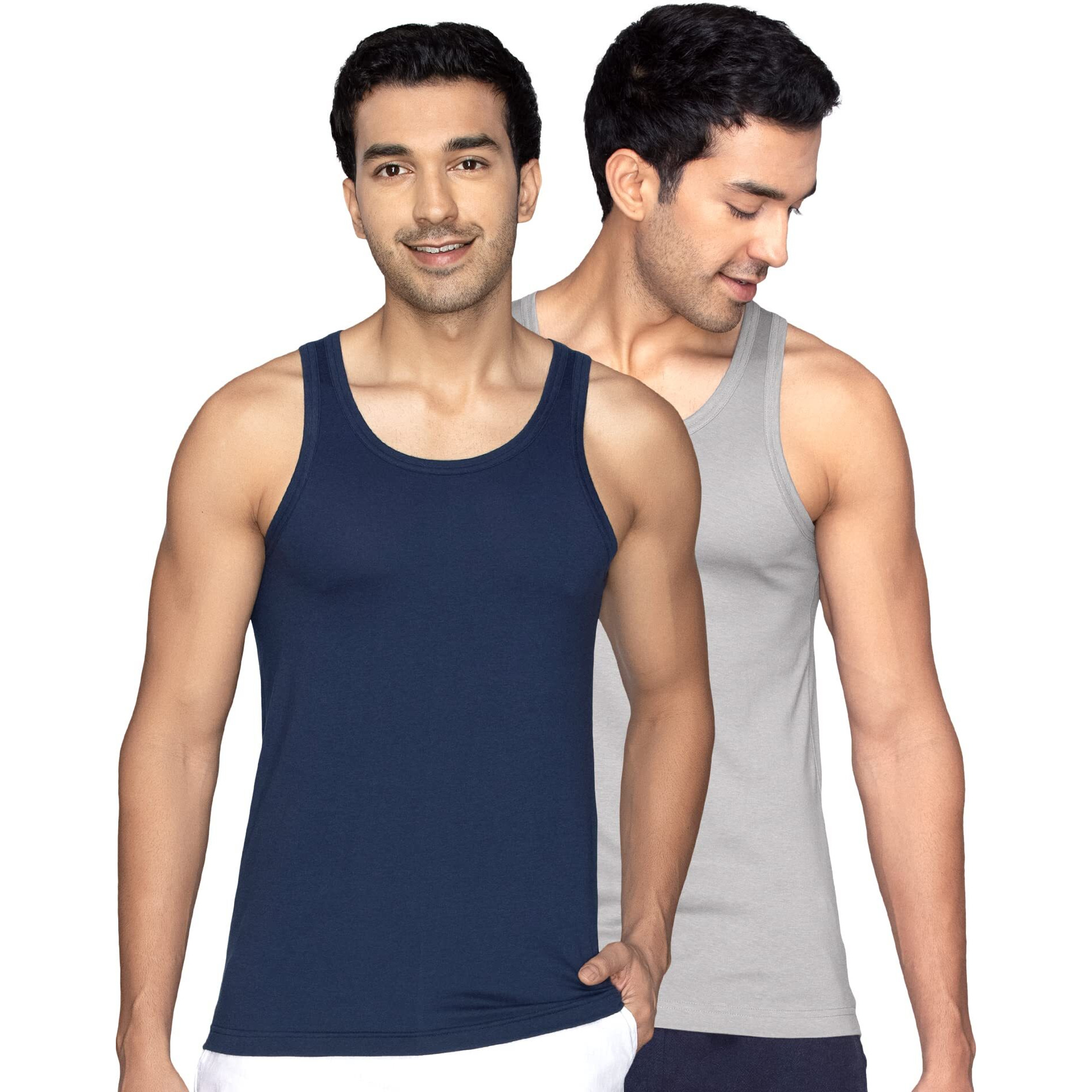 Xyxx Men Cotton Modal Vest, Regular Fit, Solid, Pack Of 2, Xyvest2Pckn07M, Midnight Blue+Frost Grey, M