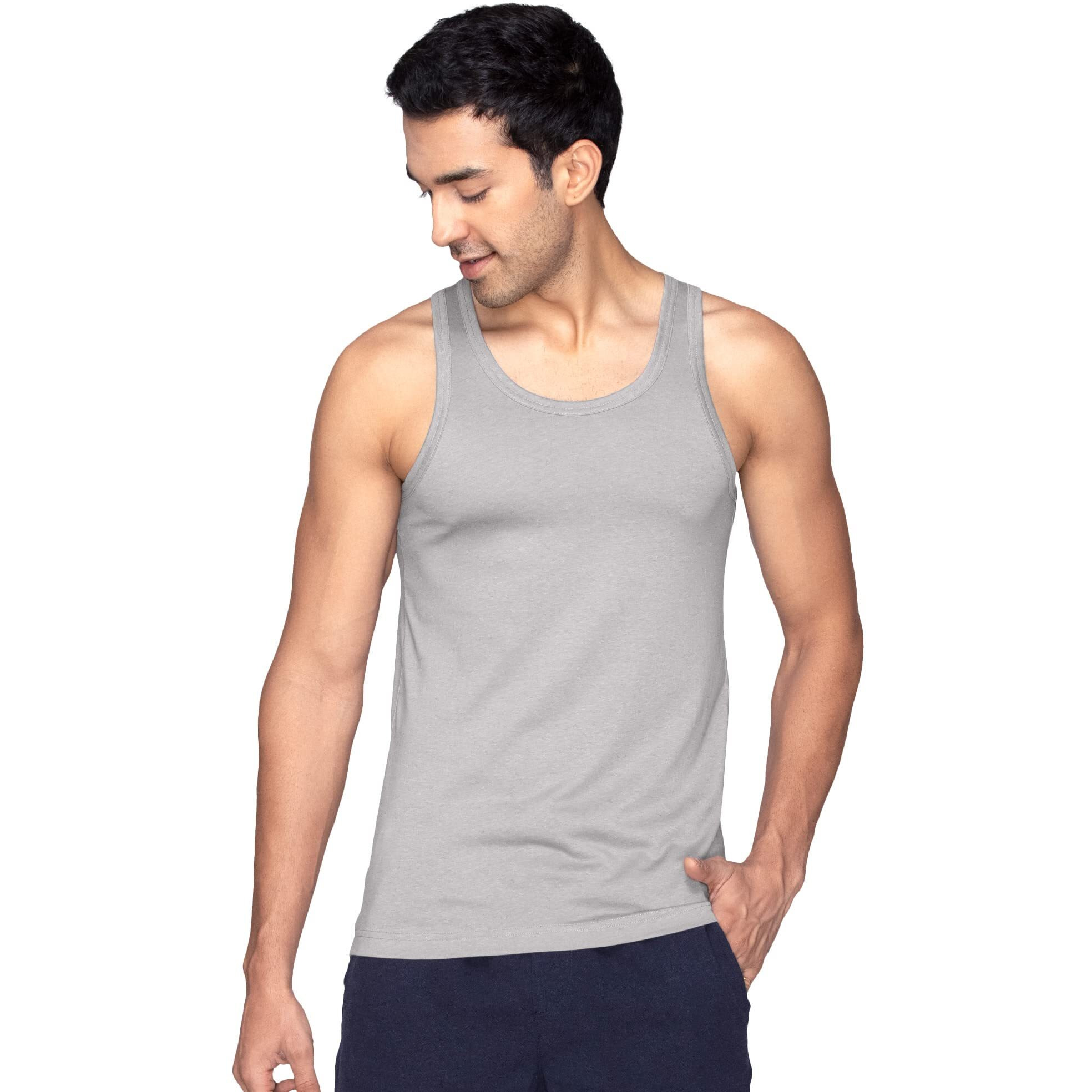 Xyxx Men Cotton Modal Vest, Regular Fit, Solid, Pack Of 2, Xyvest2Pckn07M, Midnight Blue+Frost Grey, M