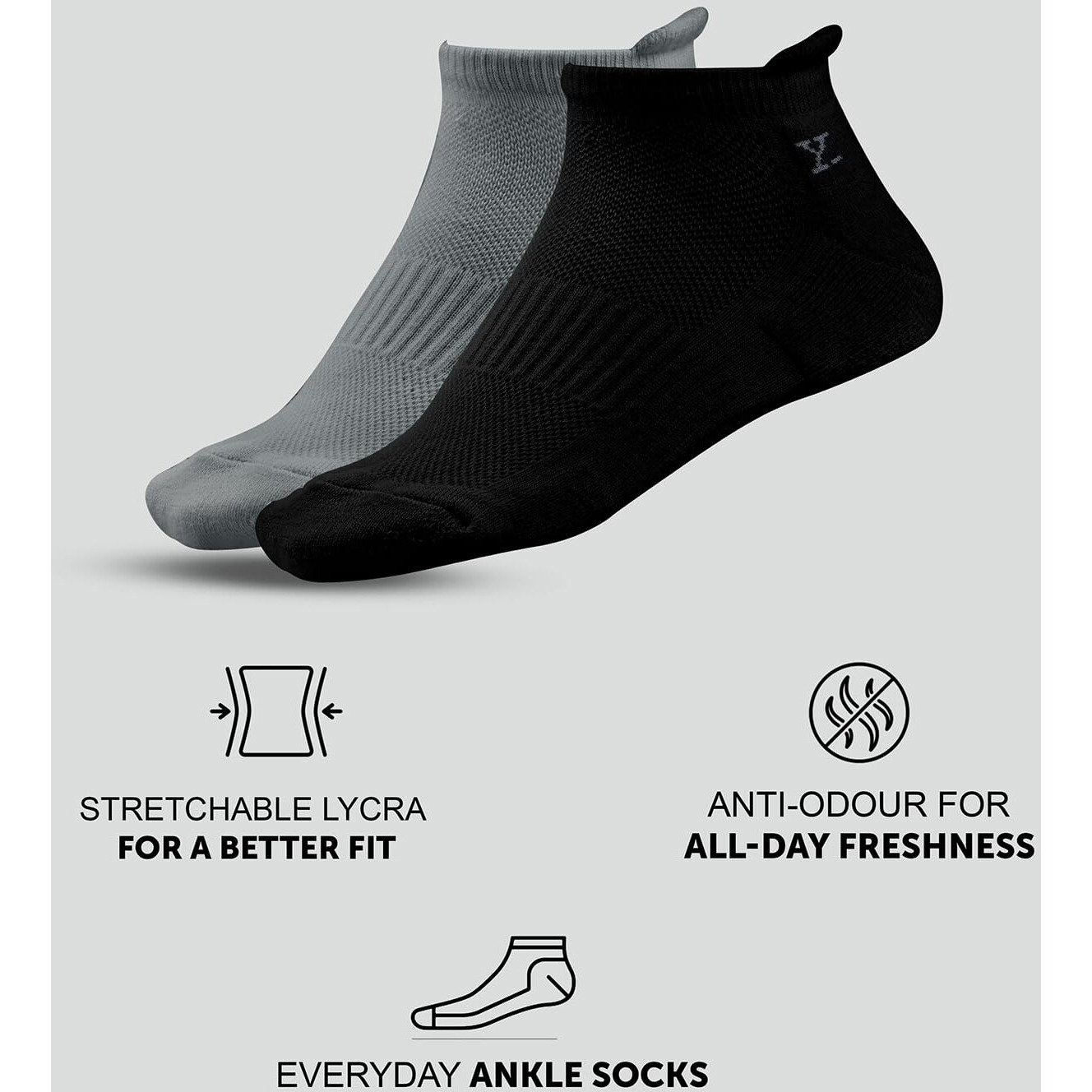 Xyxx Mens Ankle-Length Socks, Solid, Pack Of 4, Xysks4Pckn03, Icy Grey+Pitch Black+Icy Grey+Pitch Black