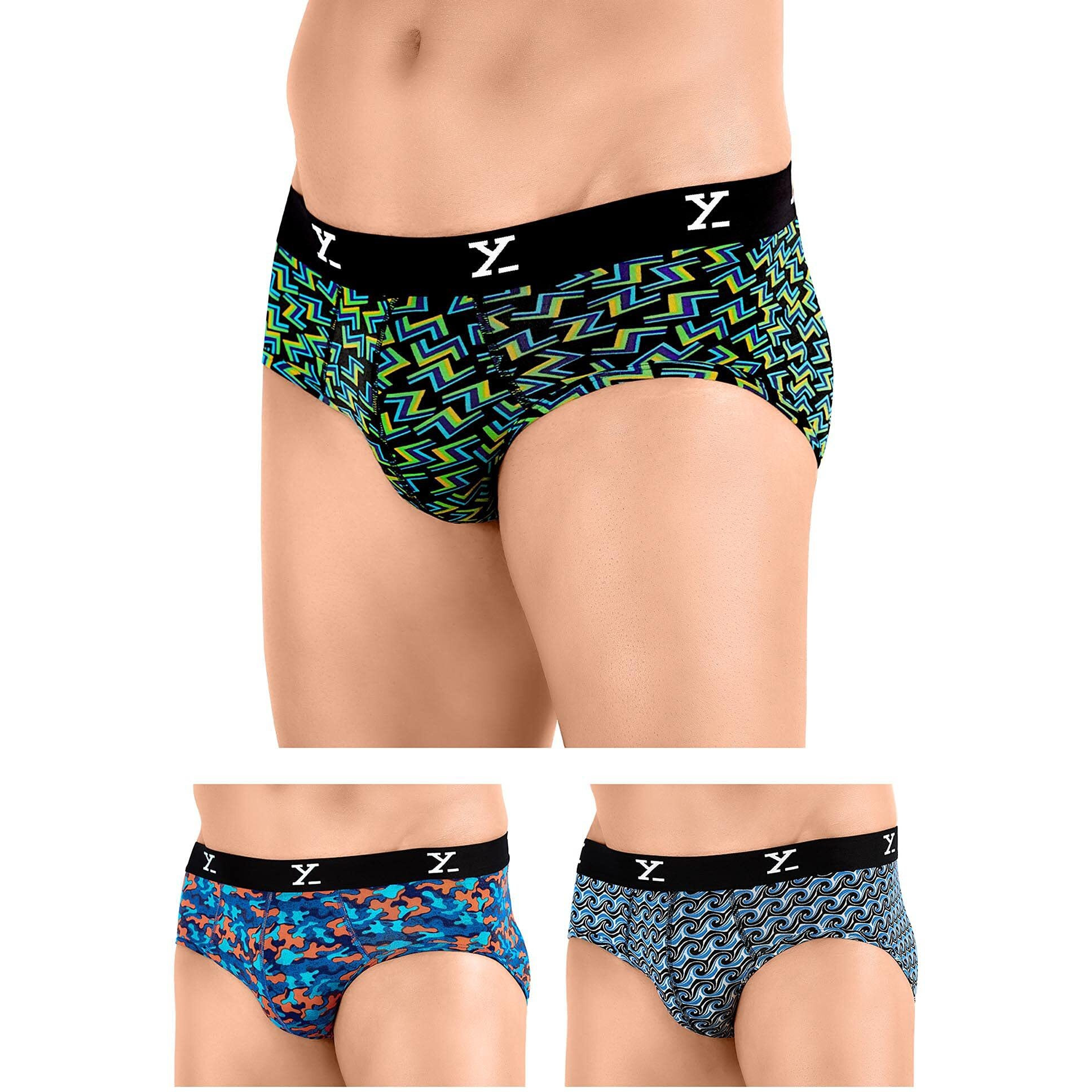Xyxx Men's Briefs (Pack Of 3) Ocean + Lightning Bolt + Camo Blue & Orange_2Xl