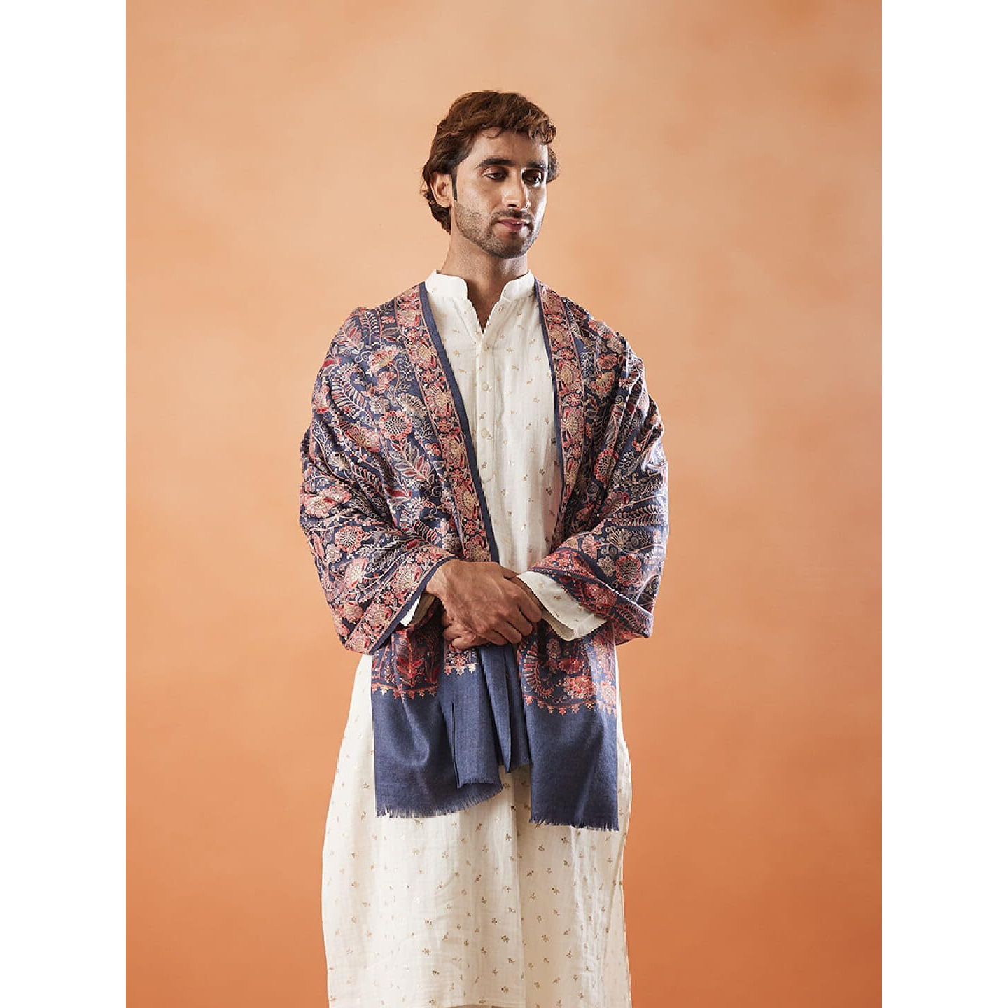 Pashmoda Men 100% Pure Wool Fabric Sozni Embroidered Stole (Size 71X203 Cm)