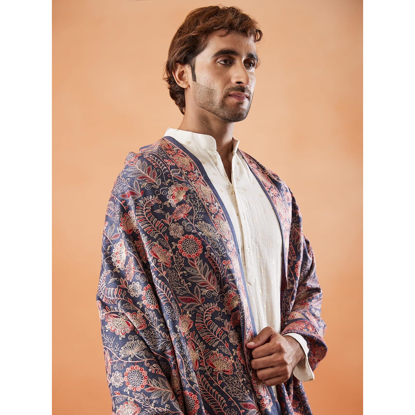 Pashmoda Men 100% Pure Wool Fabric Sozni Embroidered Stole (Size 71X203 Cm)