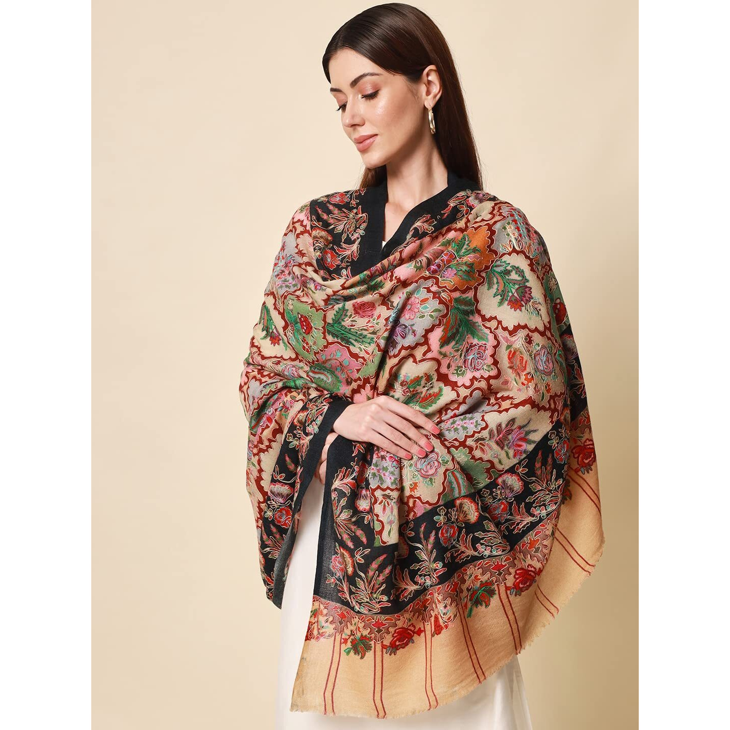 Pashmoda Women Aarzoo Pure Wool Kalamkari Hand Embroidered Shawl (Size 101 X 203 Cms)
