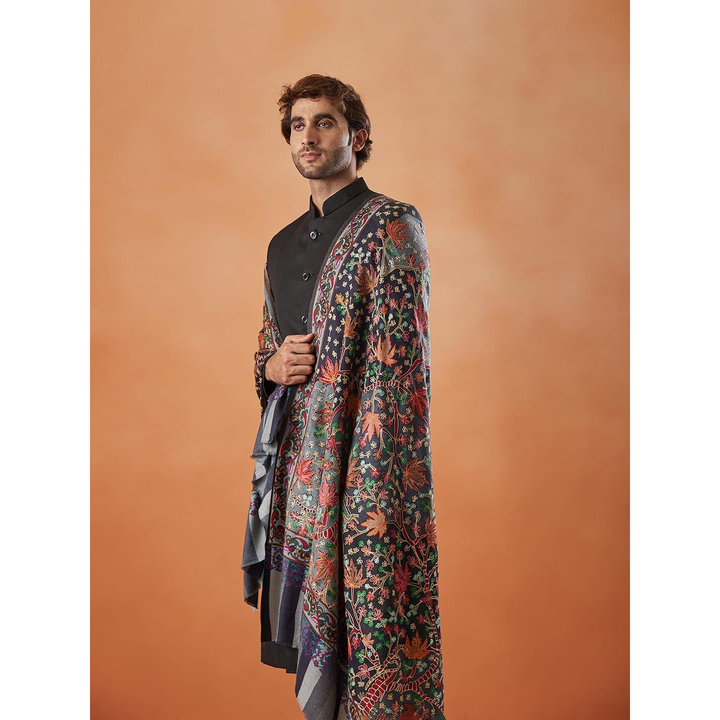 Pashmoda Men 100% Pure Wool Fabric Kalamkari Embroidered Shawl (Size 101X203 Cm)