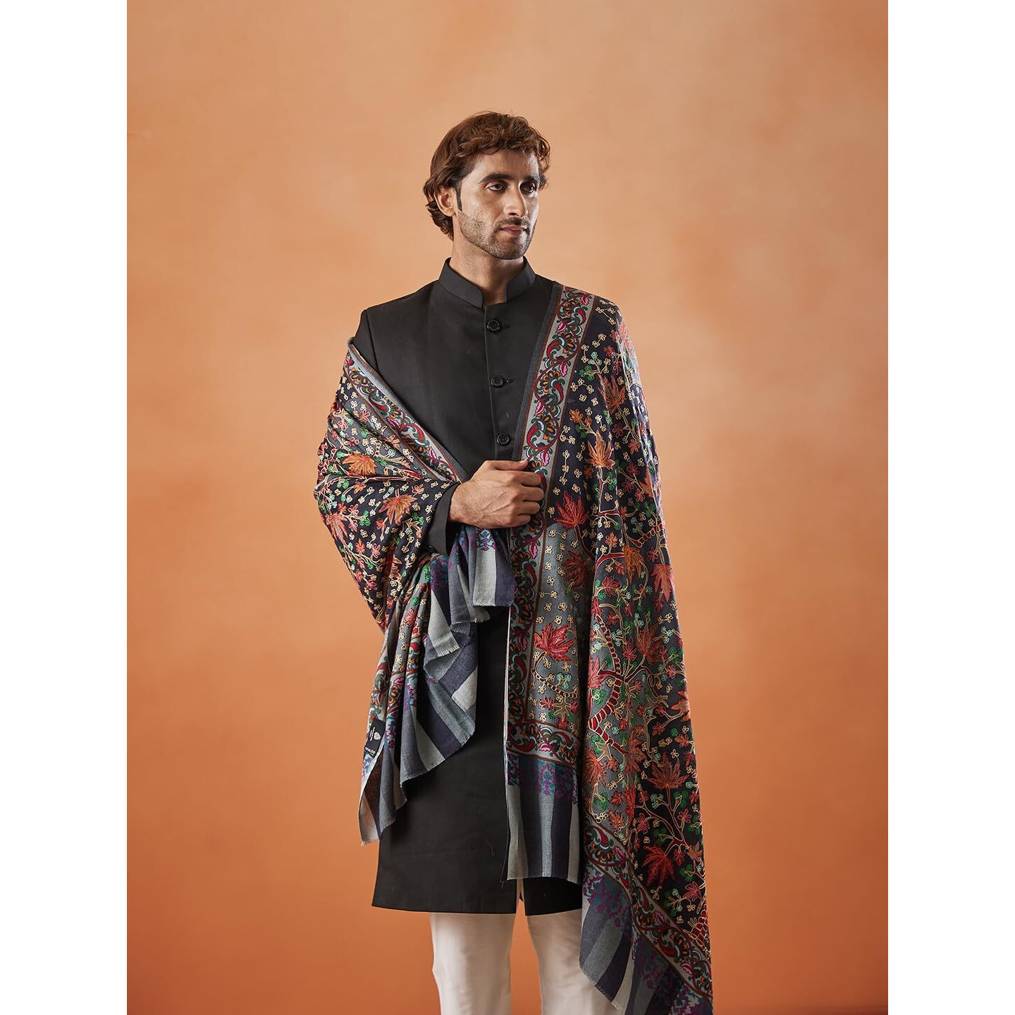 Pashmoda Men 100% Pure Wool Fabric Kalamkari Embroidered Shawl (Size 101X203 Cm)