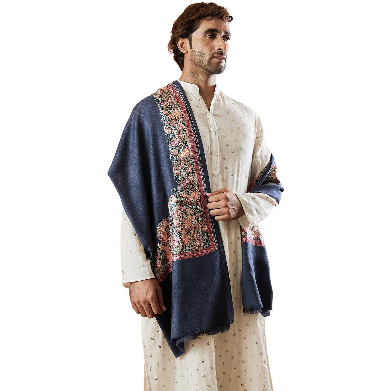 Pashmoda Men 100% Pure Wool Fabric Nalki Embroidered Stole (Size 71X203 Cm)