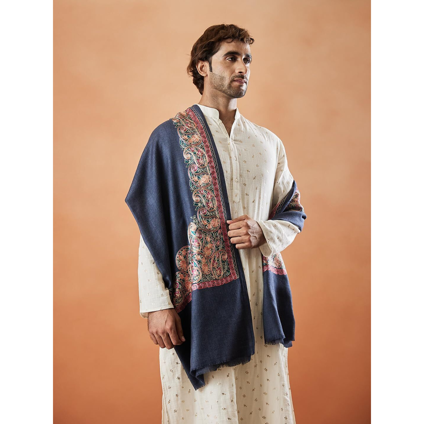 Pashmoda Men 100% Pure Wool Fabric Nalki Embroidered Stole (Size 71X203 Cm)