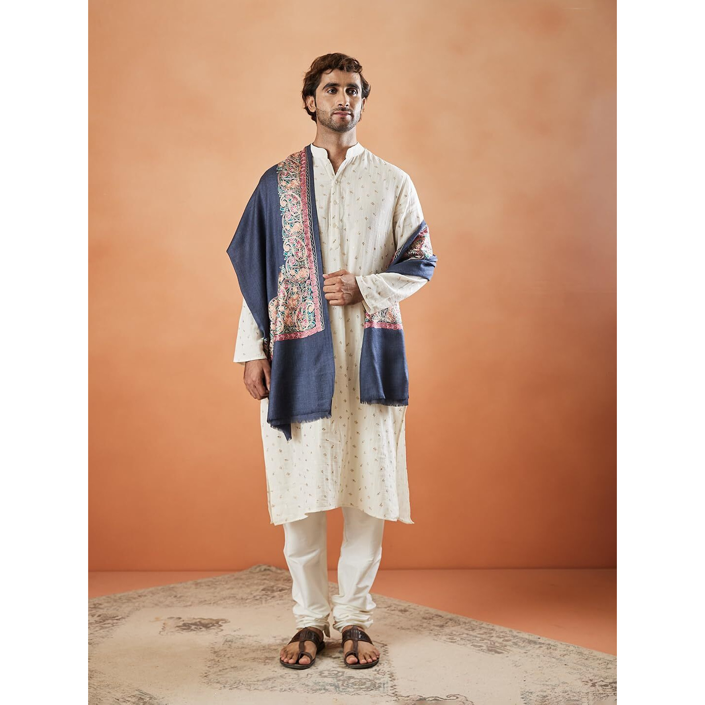 Pashmoda Men 100% Pure Wool Fabric Nalki Embroidered Stole (Size 71X203 Cm)