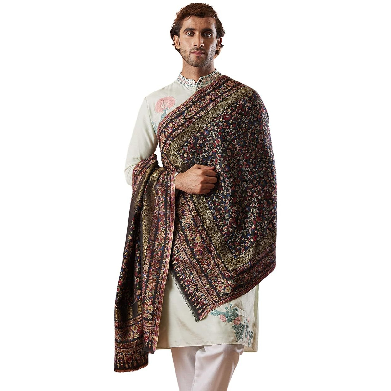 Pashmoda Men Kaani Stole With Zari Weave, Authentic Kashmiri Luxury Pashmina Style Shawl, Stole, Full Size Gents Lohi, Size 28X80 Inches, Black Color