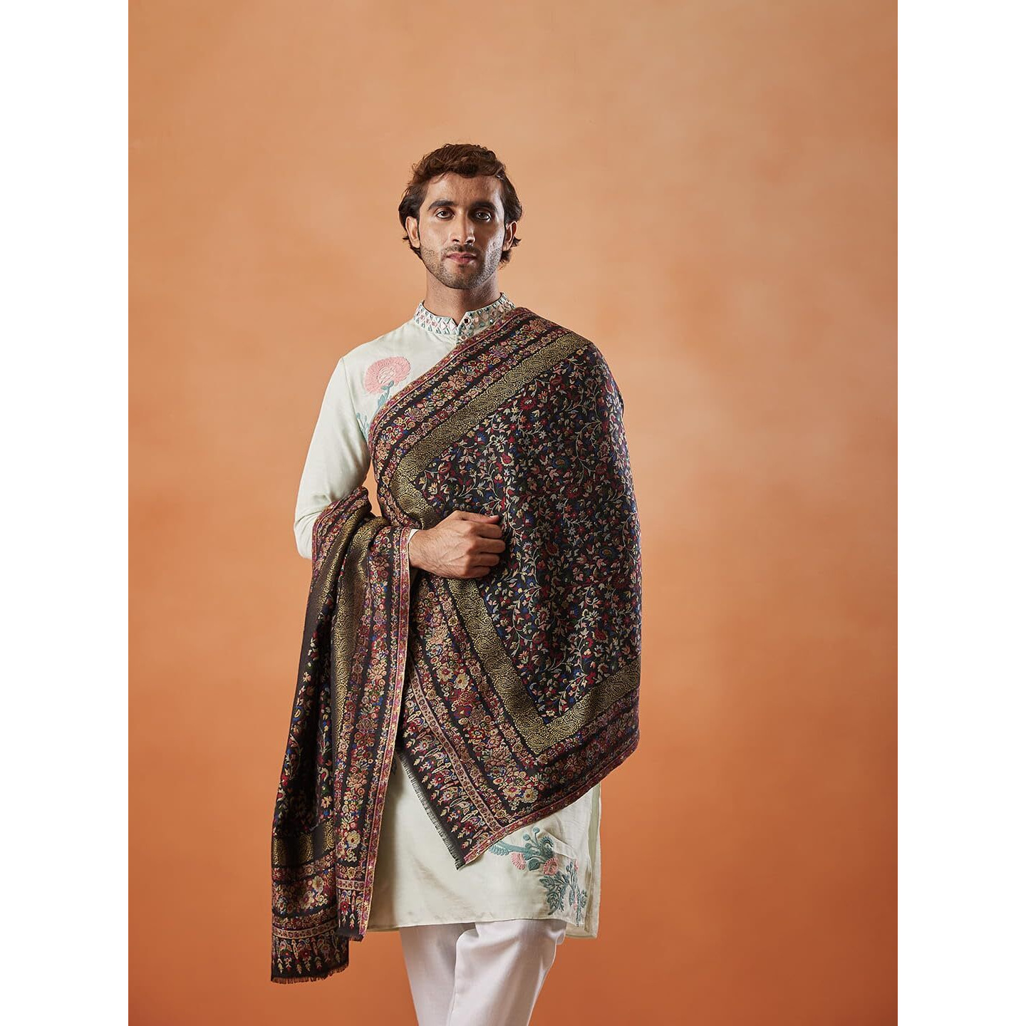 Pashmoda Men Kaani Stole With Zari Weave, Authentic Kashmiri Luxury Pashmina Style Shawl, Stole, Full Size Gents Lohi, Size 28X80 Inches, Black Color