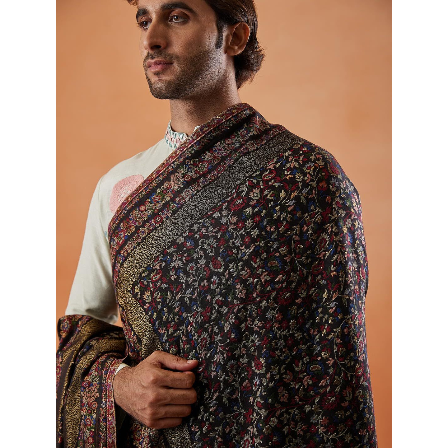 Pashmoda Men Kaani Stole With Zari Weave, Authentic Kashmiri Luxury Pashmina Style Shawl, Stole, Full Size Gents Lohi, Size 28X80 Inches, Black Color