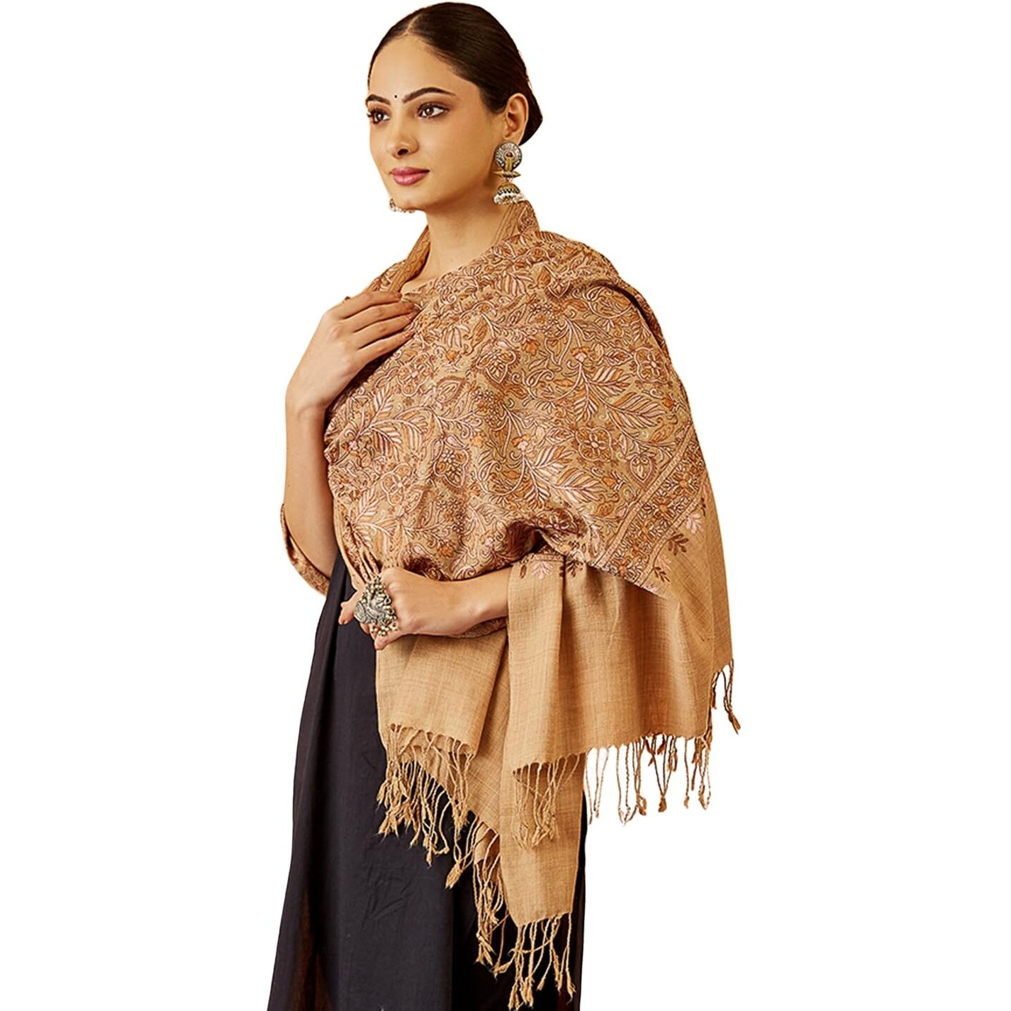Pashmoda Women Aangan Wool Blend Nalki Embroidered Stole, Shawl And Wrap, Luxury Pashmina Evening Wrap (Size 71X203 Cm)