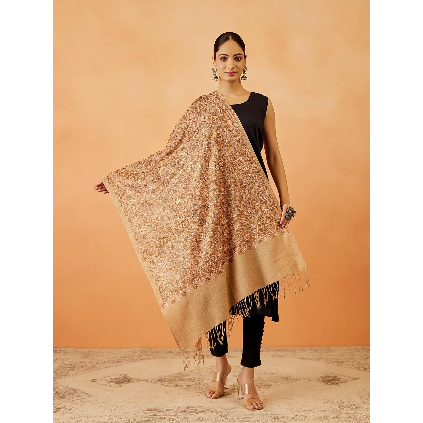 Pashmoda Women Aangan Wool Blend Nalki Embroidered Stole, Shawl And Wrap, Luxury Pashmina Evening Wrap (Size 71X203 Cm)