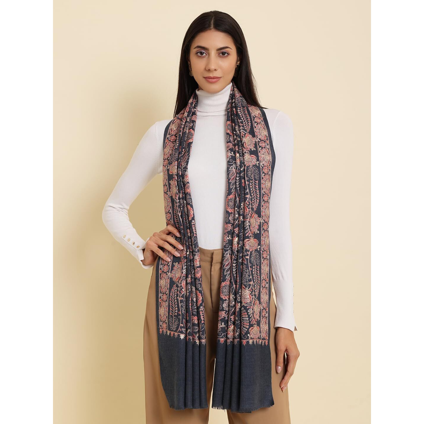 Pashmoda Women 100% Pure Wool Sozni Hand Embroidered Stole, Stole And Wrap, Luxury Pashmina Evening Wrap (Size 71X203 Cm)(Navyblue)(Li36)