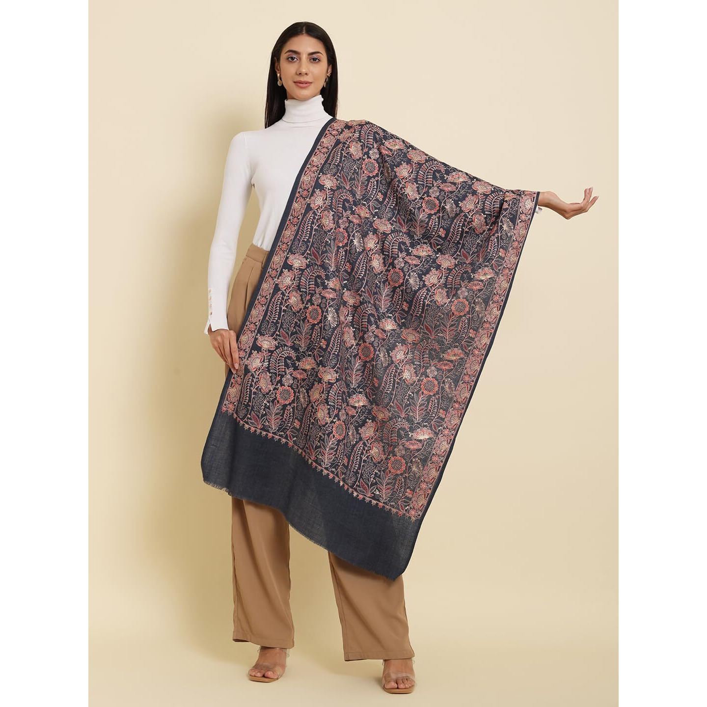 Pashmoda Women 100% Pure Wool Sozni Hand Embroidered Stole, Stole And Wrap, Luxury Pashmina Evening Wrap (Size 71X203 Cm)(Navyblue)(Li36)