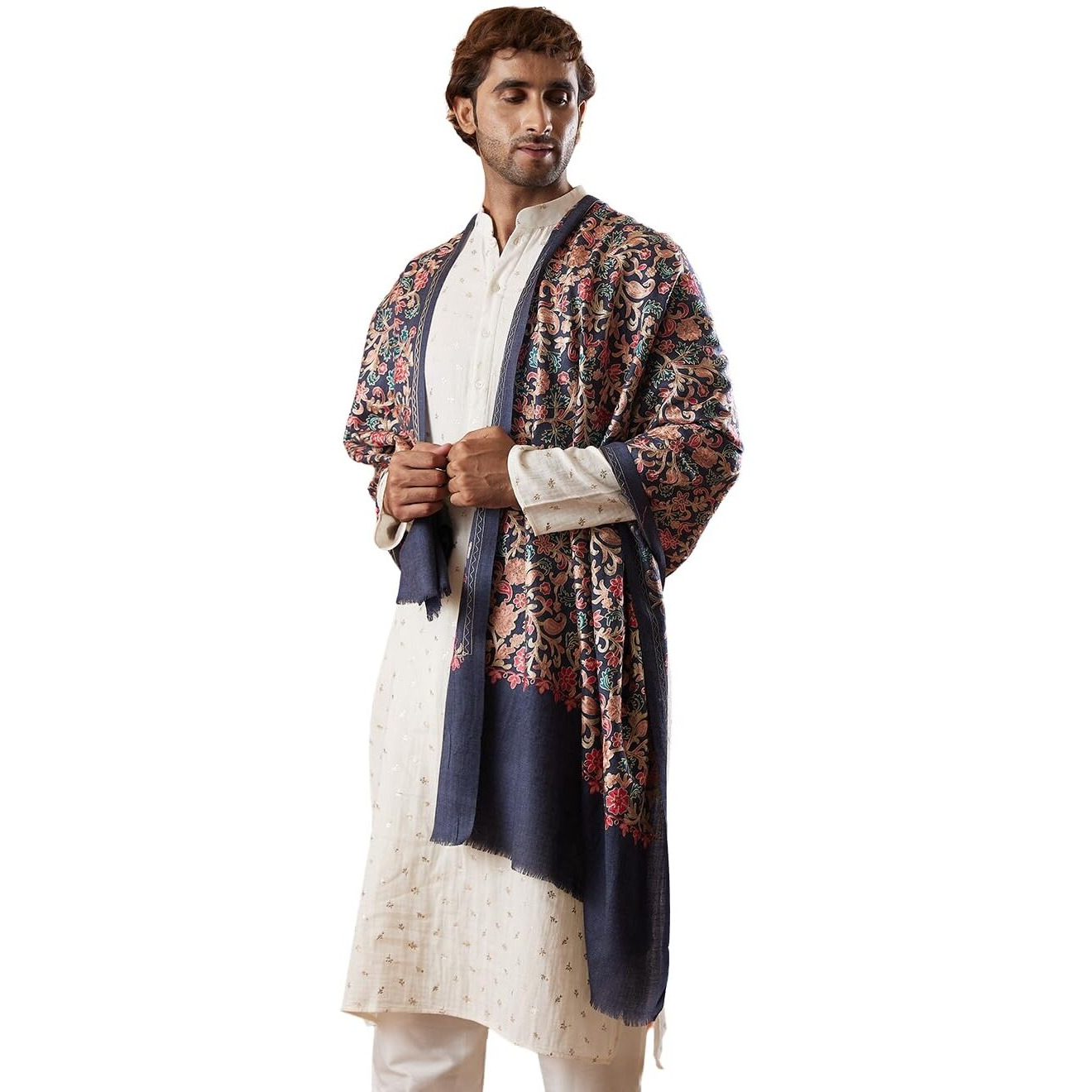 Pashmoda Men 100% Pure Wool Fabric Nalki Embroidered Stole (Size 71X203 Cm)