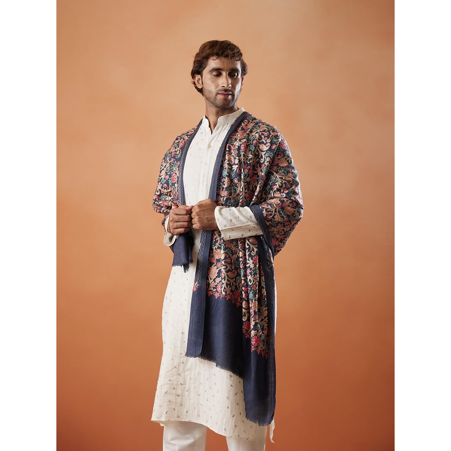 Pashmoda Men 100% Pure Wool Fabric Nalki Embroidered Stole (Size 71X203 Cm)