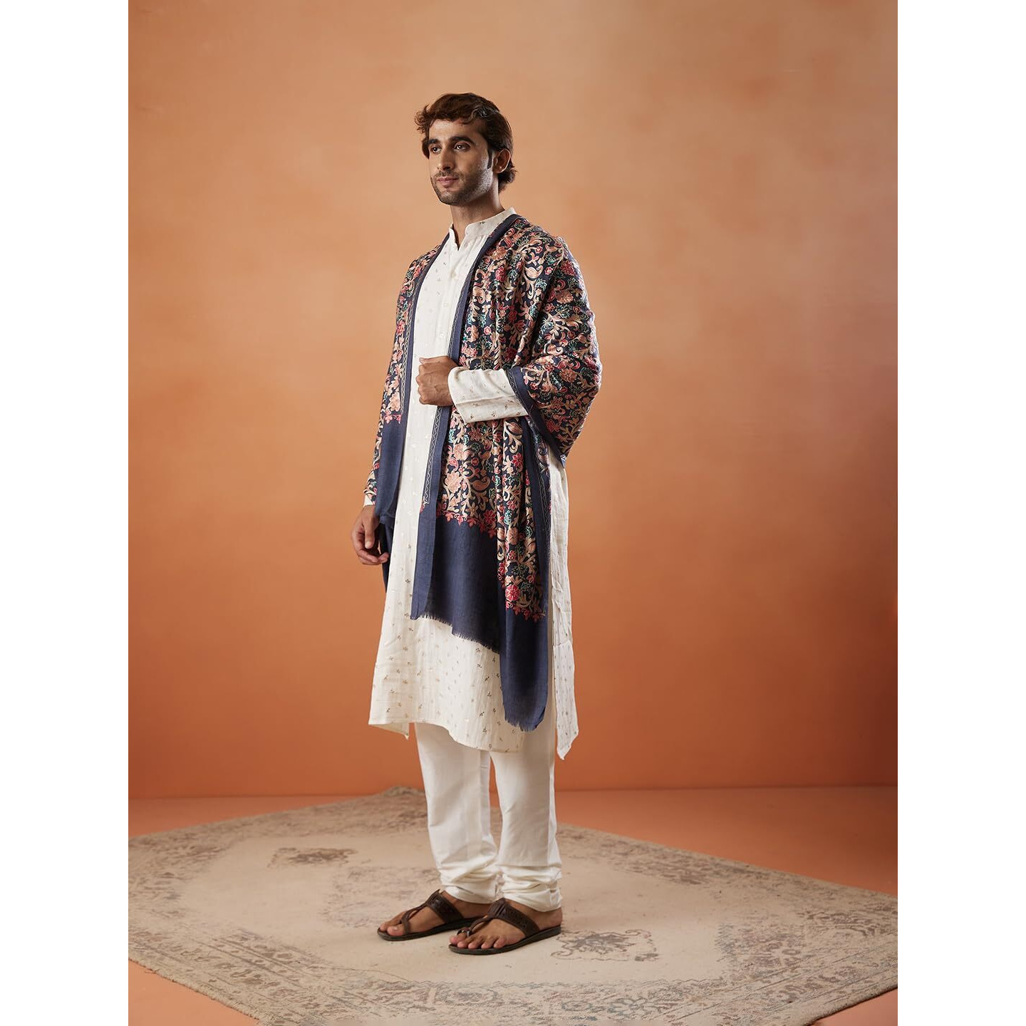 Pashmoda Men 100% Pure Wool Fabric Nalki Embroidered Stole (Size 71X203 Cm)