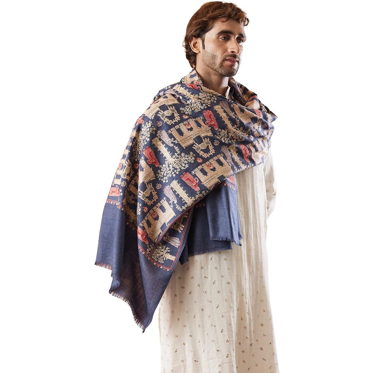Pashmoda Men 100% Pure Wool Fabric Sozni Embroidered Stole (Size 71X203 Cm)