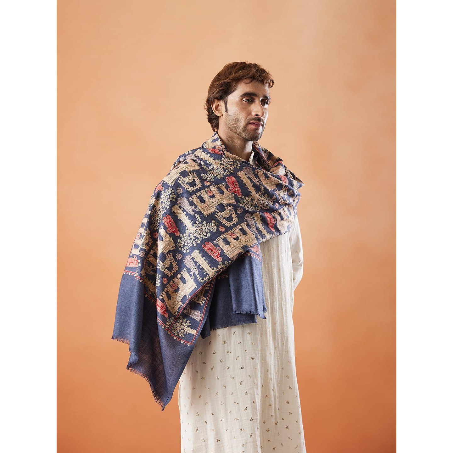 Pashmoda Men 100% Pure Wool Fabric Sozni Embroidered Stole (Size 71X203 Cm)