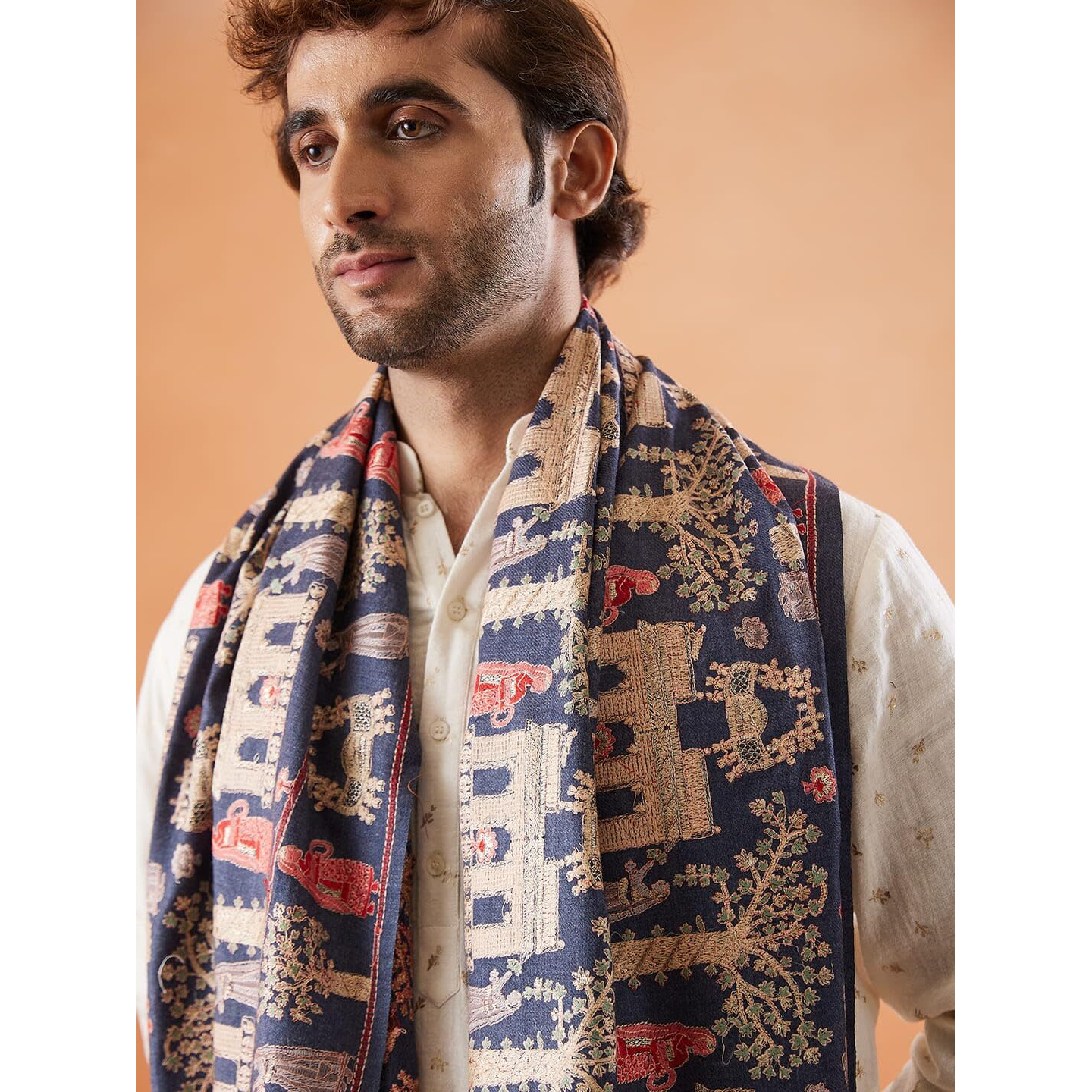 Pashmoda Men 100% Pure Wool Fabric Sozni Embroidered Stole (Size 71X203 Cm)