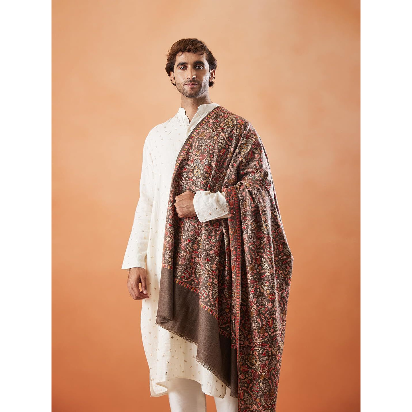 Pashmoda Men 100% Pure Wool Fabric Sozni Embroidered Shawl, Stole And Wrap, Fabric Base, Heritage Pashmina Kashmiri Stole, Shawl, Wrap (Size 40X80 Inches, Brown Color)