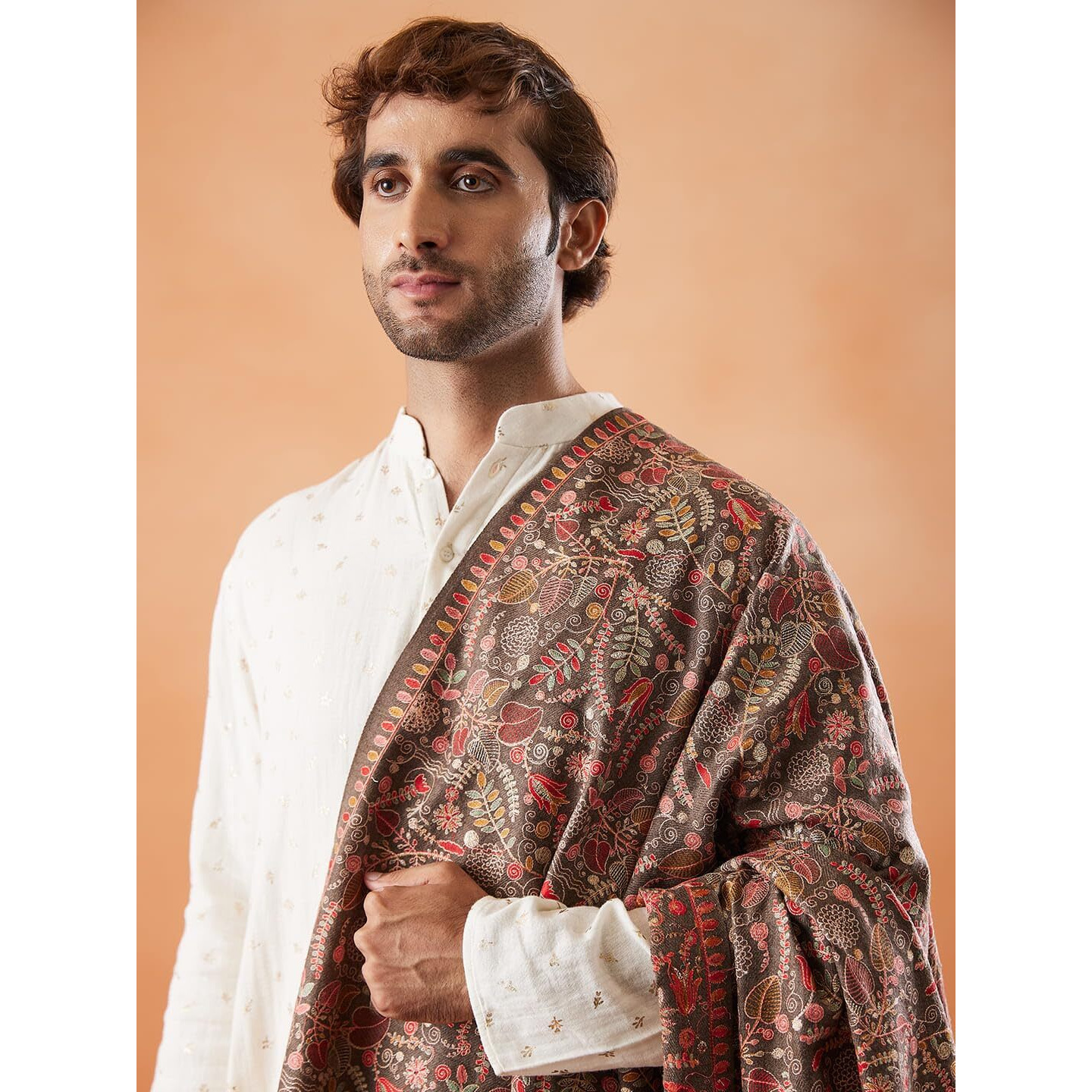 Pashmoda Men 100% Pure Wool Fabric Sozni Embroidered Shawl, Stole And Wrap, Fabric Base, Heritage Pashmina Kashmiri Stole, Shawl, Wrap (Size 40X80 Inches, Brown Color)