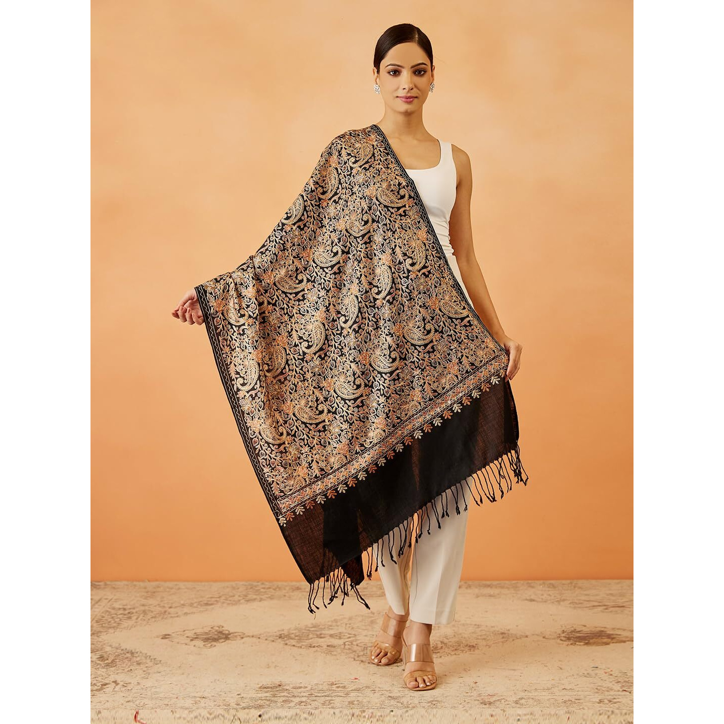 Pashmoda Saba Women Wool Blend Nalki Embroidered Stole, Shawl And Wrap, Luxury Pashmina Evening Wrap (Size 71X203 Cm)