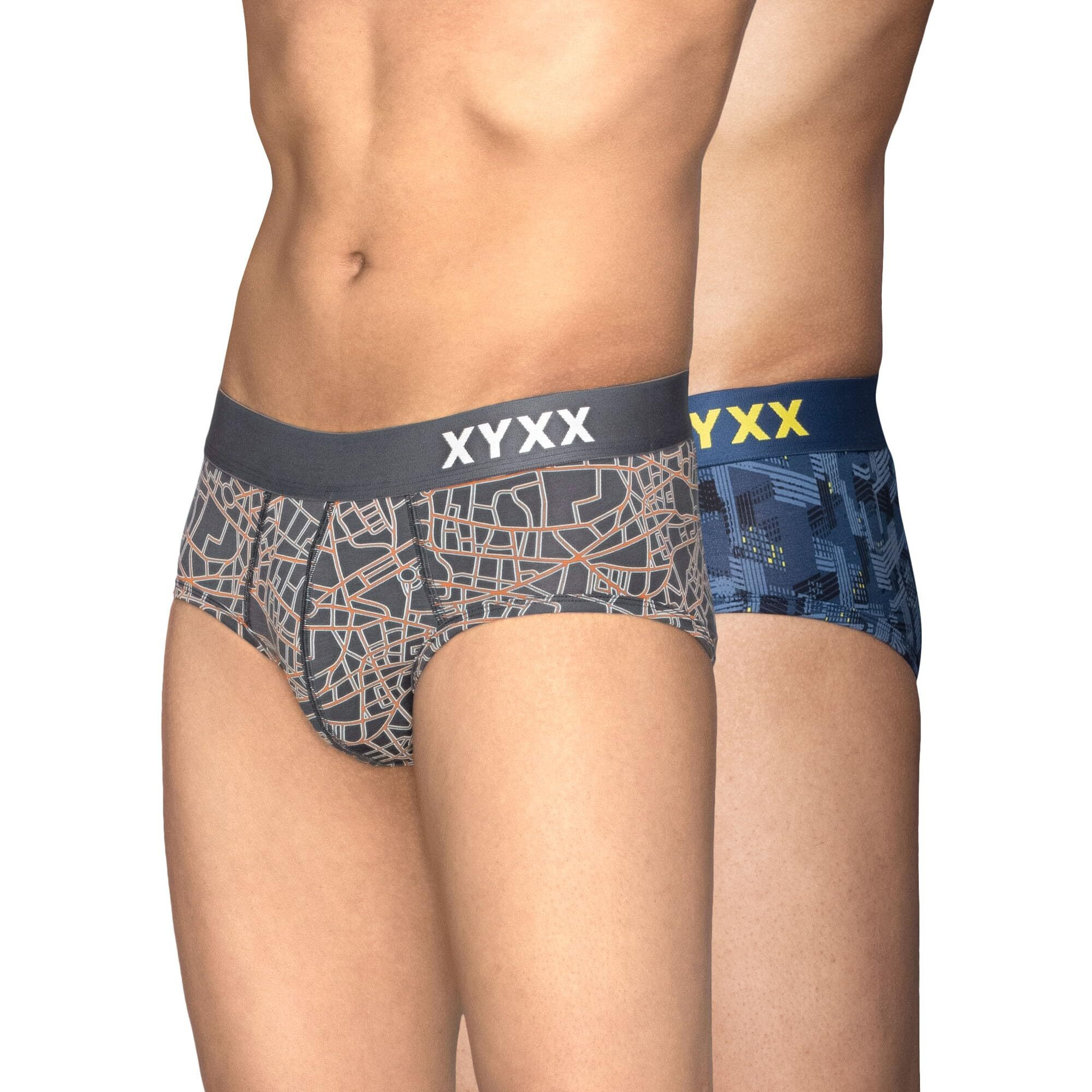 Xyxx Men Micro Modal Brief, Slim Fit, Printed, Pack Of 2, Xybrf2Pckn769Xxl, Map Grey+Cityscape Blue, Xxl