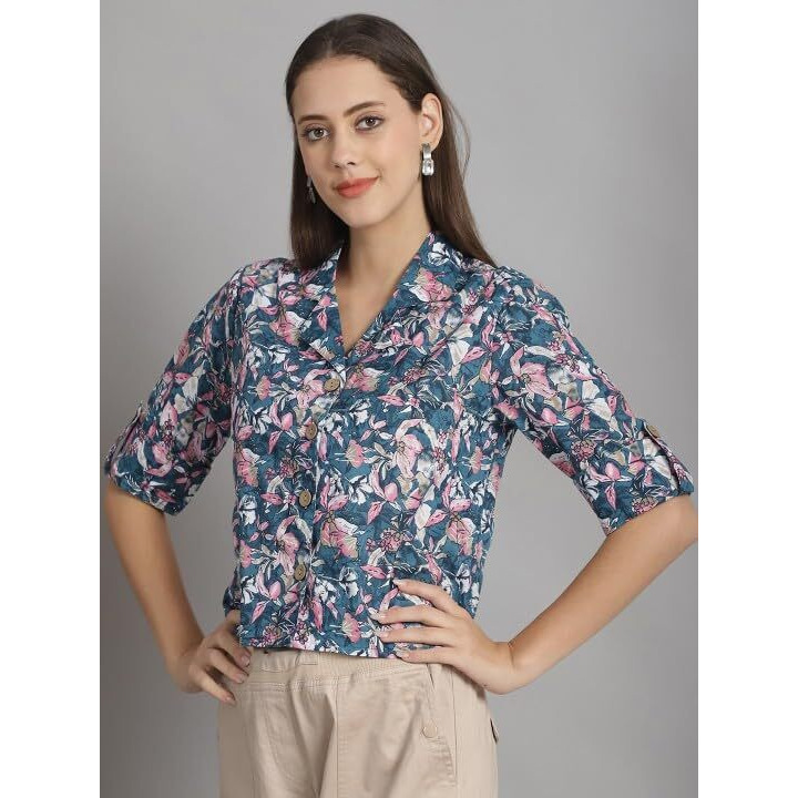 Patlani Women S/Girl S Rayon Full Stitched Lightwait Casual Top With Digital Floral Print. Blue