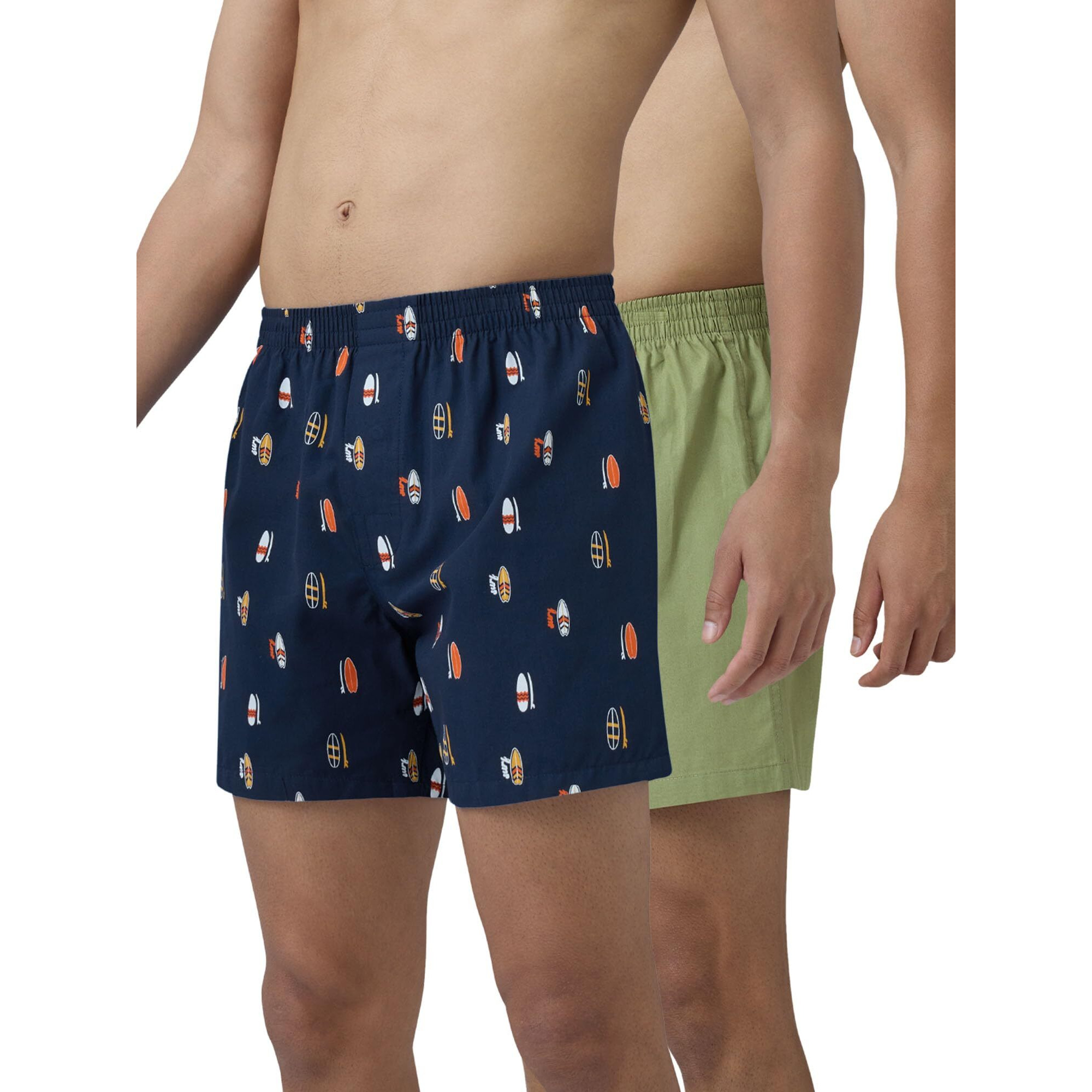 Xyxx Men Combed Cotton Innerboxers, Regular Fit, Printed, Pack Of 2, Xybox2Pckn370L, Surfboard Blue + Olive Green, L