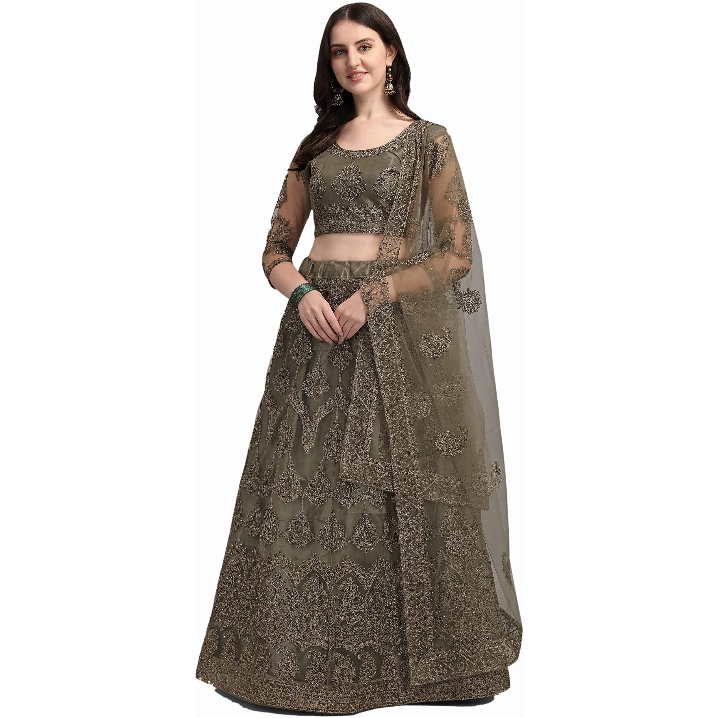 Patlani Chain Embroderied With Stone Work Woman S Flered Semi Stitched Lehenga Choli Mehendi.