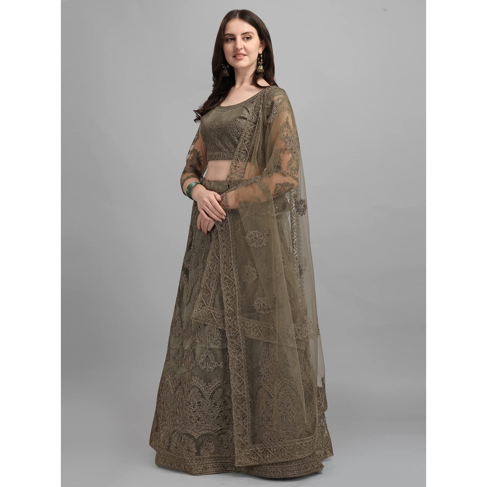 Patlani Chain Embroderied With Stone Work Woman S Flered Semi Stitched Lehenga Choli Mehendi.