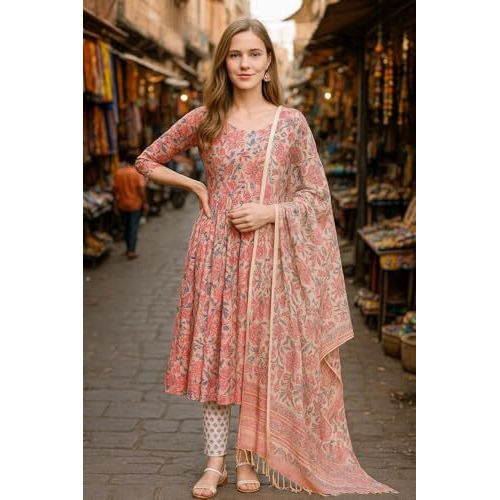 Yashika Floral Regular Women's Cotton Blend Printed Kurta With Pants And Dupatta Set (Az-Ys-Ks2092_Cg1_Pink