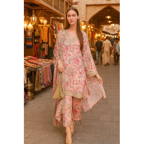 Yashika Floral Regular Women's Cotton Blend Printed Kurta With Pants And Dupatta Set (Az-Ys-Ks2186_Cg1_Pink