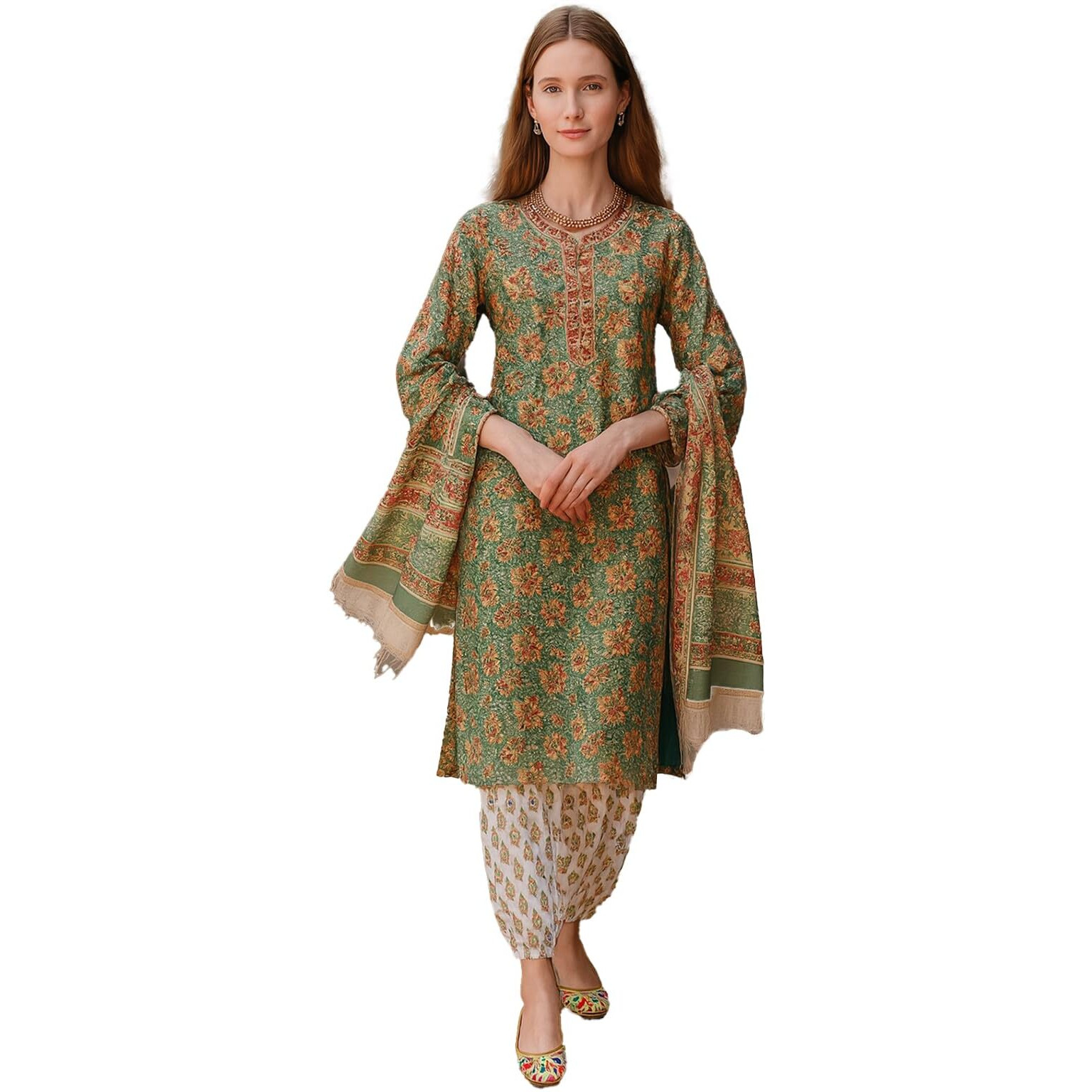 Yashika Floral Regular Women's Cotton Blend Printed Kurta With Pants And Dupatta Set (Az-Ys-Ks2137_Cg3_Green