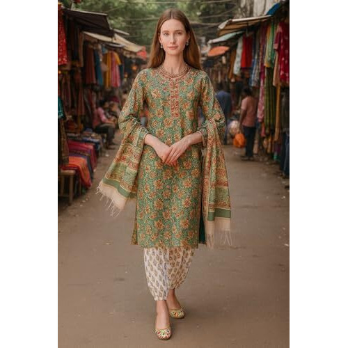 Yashika Floral Regular Women's Cotton Blend Printed Kurta With Pants And Dupatta Set (Az-Ys-Ks2137_Cg3_Green