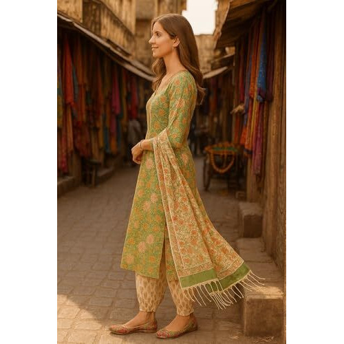 Yashika Floral Regular Women's Cotton Blend Printed Kurta With Pants And Dupatta Set (Az-Ys-Ks2137_Cg3_Green