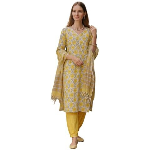 Yashika Floral Regular Women's Cotton Blend Printed Kurta With Pants And Dupatta Set (Az-Ys-Ks2139_Cg1_Yellow