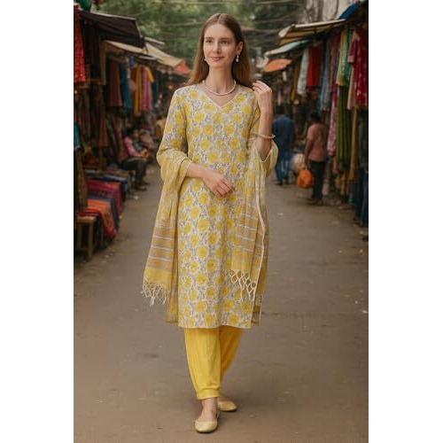Yashika Floral Regular Women's Cotton Blend Printed Kurta With Pants And Dupatta Set (Az-Ys-Ks2139_Cg1_Yellow