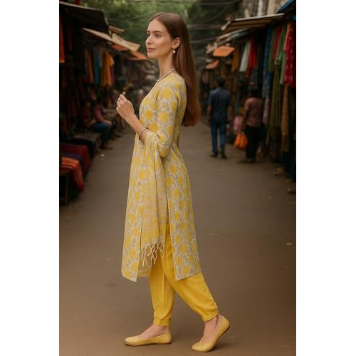 Yashika Floral Regular Women's Cotton Blend Printed Kurta With Pants And Dupatta Set (Az-Ys-Ks2139_Cg1_Yellow
