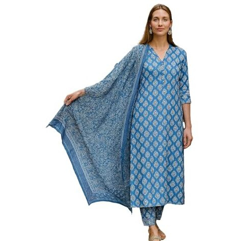 Yashika Floral Regular Women's Cotton Blend Printed Kurta With Pants And Dupatta Set (Az-Ys-Ks2087_Cg1_Blue