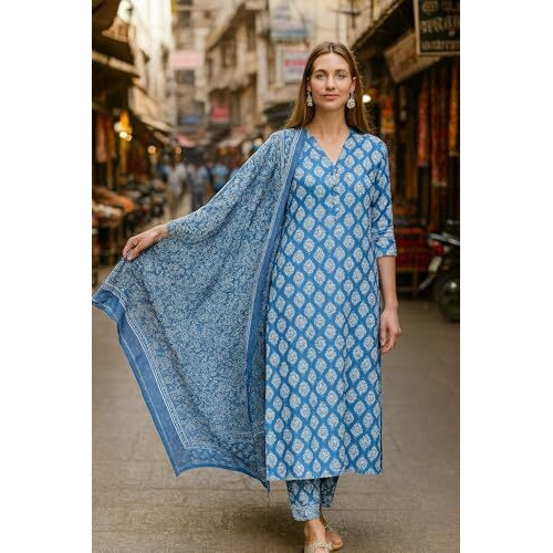 Yashika Floral Regular Women's Cotton Blend Printed Kurta With Pants And Dupatta Set (Az-Ys-Ks2087_Cg1_Blue
