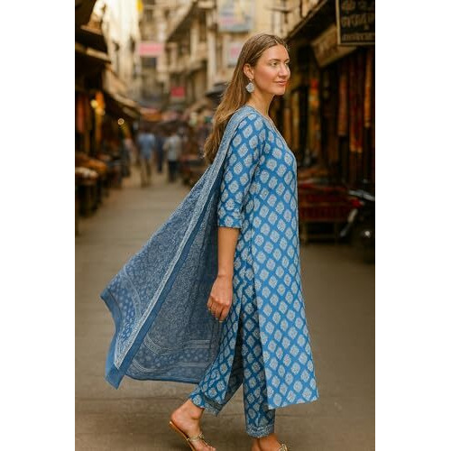 Yashika Floral Regular Women's Cotton Blend Printed Kurta With Pants And Dupatta Set (Az-Ys-Ks2087_Cg1_Blue